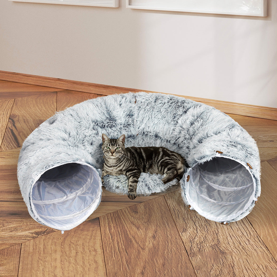 Pawz Cat Tunnel Foldable Fluffy Plush Play Tube Grey-1973193512761561095