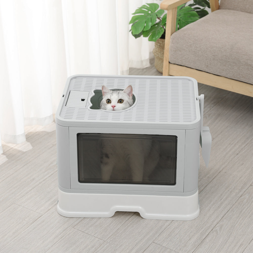 PaWz Foldable Cat Litter Box Tray Enclosed Grey-1975420460250304519